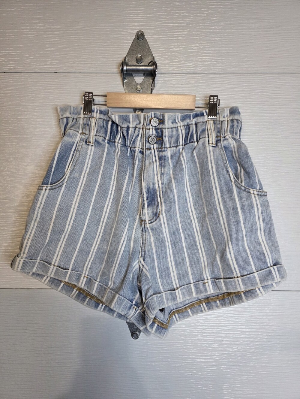 PacSun Blue and White Striped Paperbag Waist Shorts